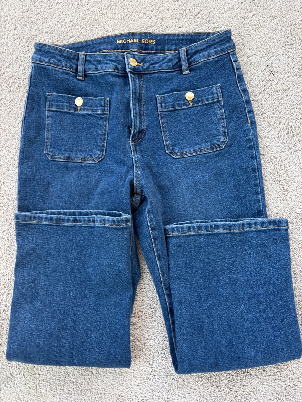 Michael Kors Women's Blue Straight-Leg Jeans with Gold Buttons